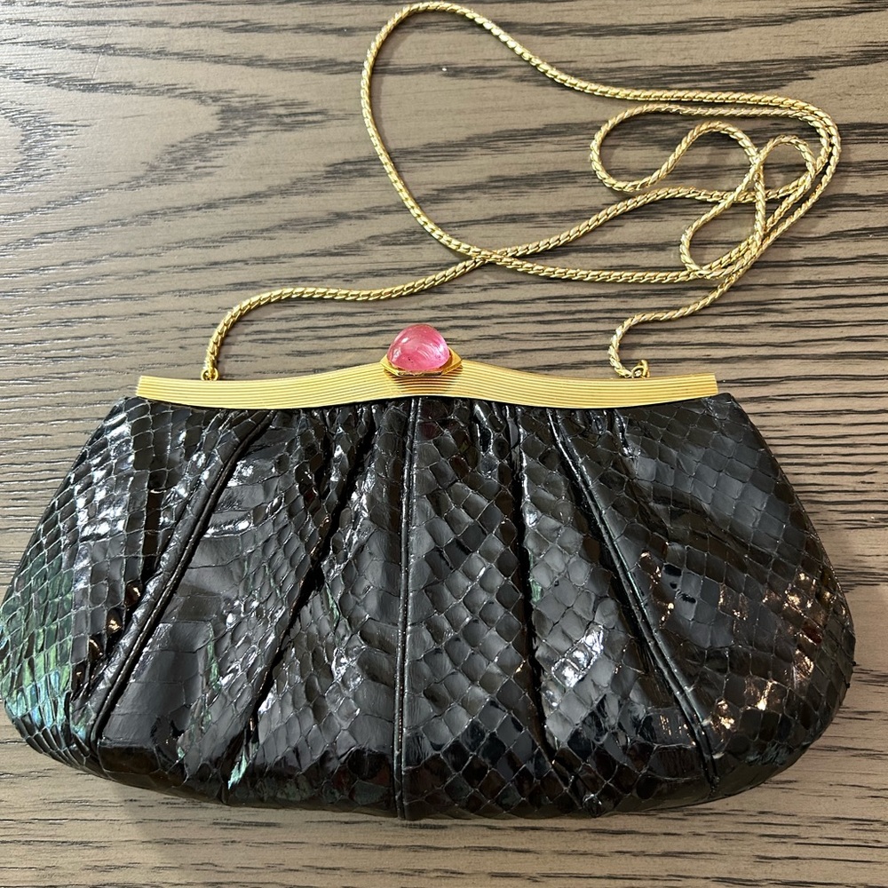 Judith Leiber Black Patent Snakeskin Clutch with Gold Frame and Pink Cabochon